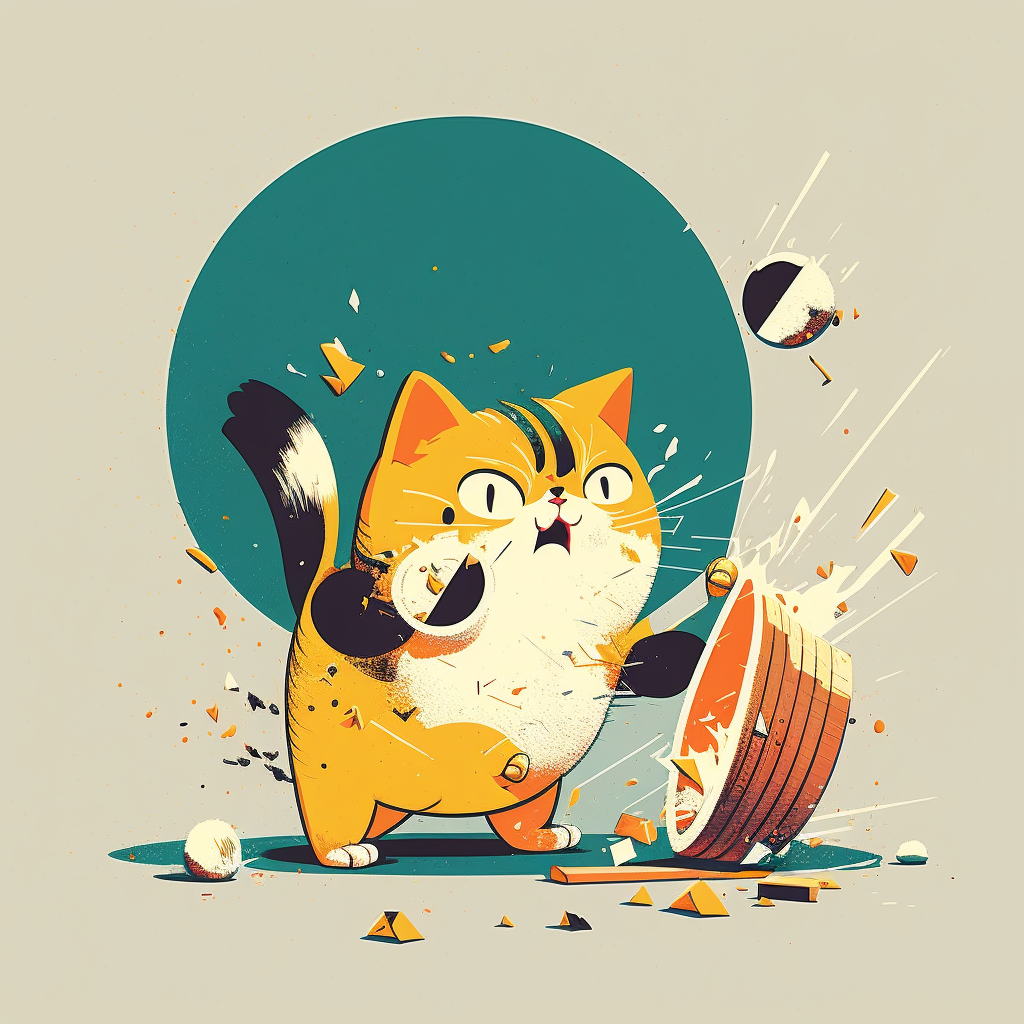 a cute cat playfully breaking things in 1960s style art